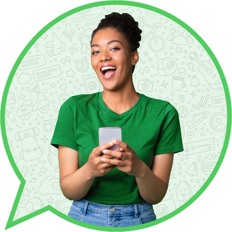 Infographic showing a happy WhatsApp Marketing customer in a speechbubble with the WhatsApp doodle as a background.