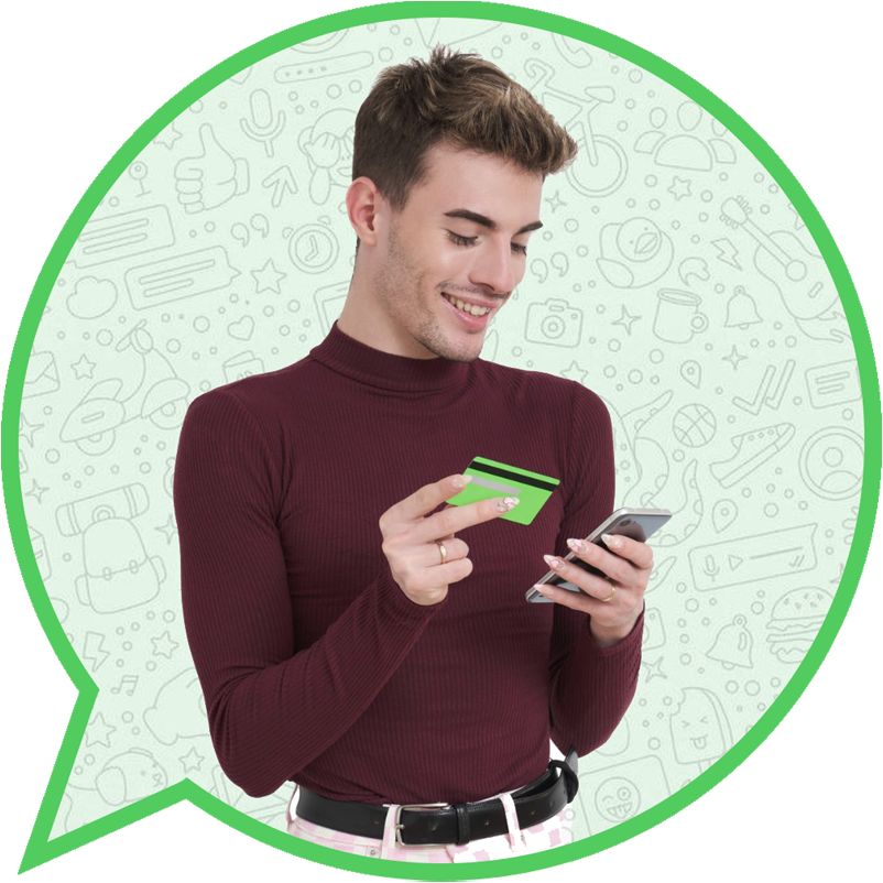 Ingraphic showing a happy WhatsApp Marketing user inside a speech bubble with the whatsapp doodle background.